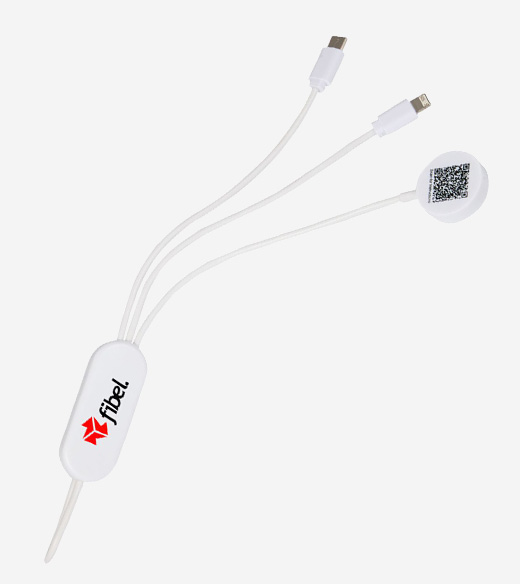 White multi-connector charging cable featuring USB-C, Lightning, and a magnetic watch charger with "fibel." branding.
