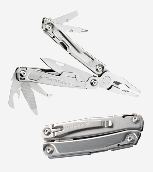 durable stainless steel multi-tool shown in both its fully opened position with pliers and blades extended