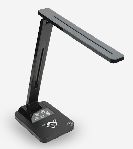 Modern black LED desk lamp featuring a foldable arm