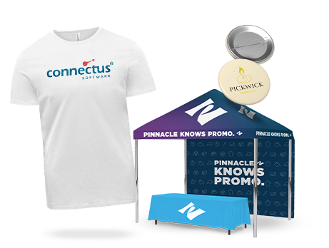 Assortment of trade show products including a t shirt, tent with backdrop, table with table cloth, and pin back buttons