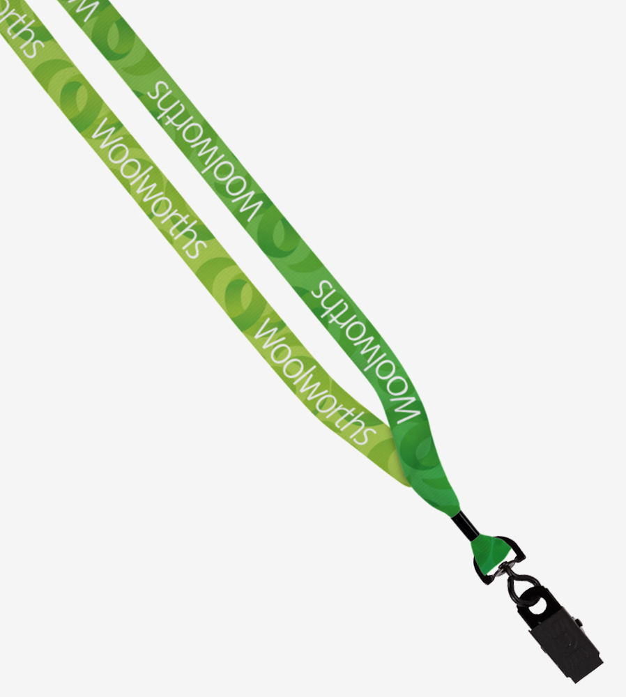Green event lanyard with white text and clip